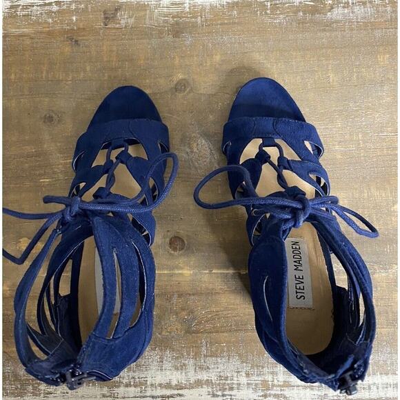 Steve Madden Gal Sandals Sz 6.5‎ Womens Blue Gladiator Lace Up Block Heel - Picture 7 of 14